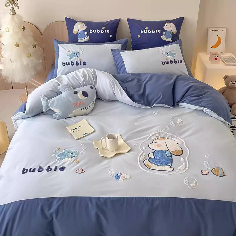 Cute Cartoon Bubble Shark Washed Four-Piece Pure Cotton Bed Set - Harmony Gallery