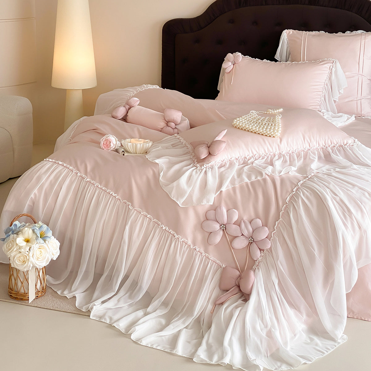 French Girly Lace-Trimmed Bow Princess Four-Piece Cotton Long-Staple Bed Set - Harmony Gallery