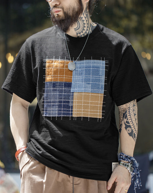 Retro Patchwork Bamboo Color Contrast Cotton Men's T-Shirt - Harmony Gallery