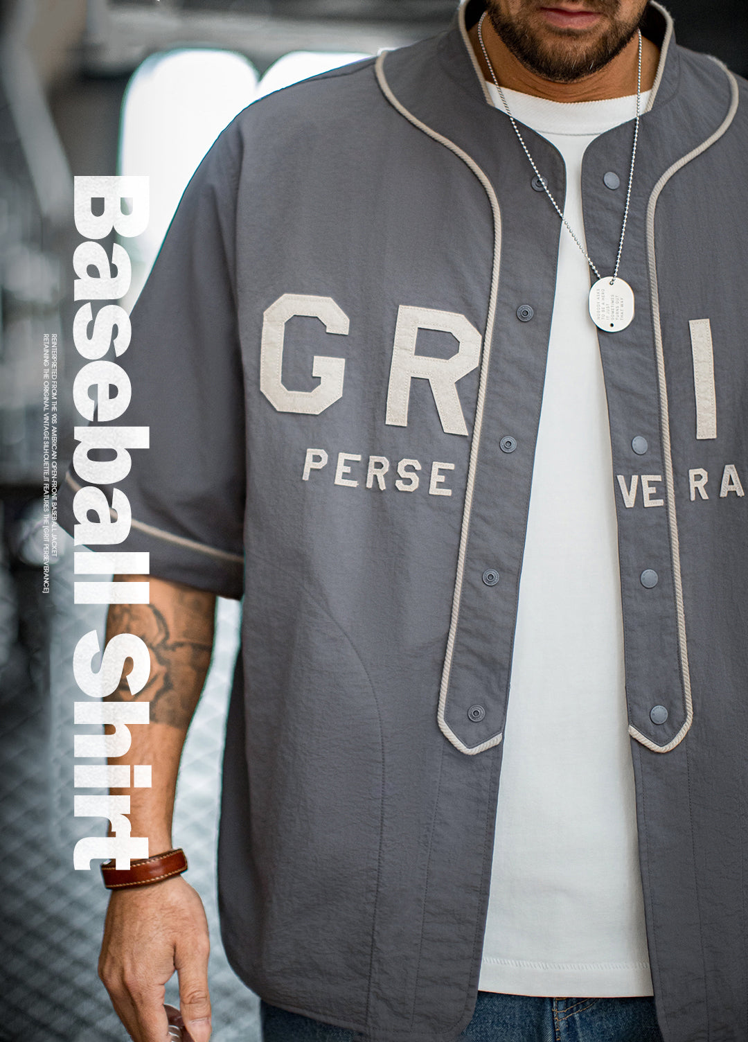 American Casual GRIT Baseball Uniform Patch Embroidered Gray Thin Men's Shirt - Harmony Gallery