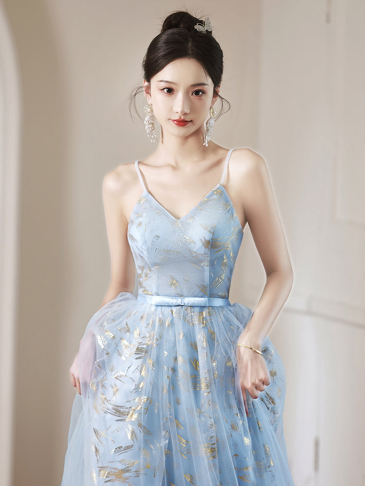 Charming Blue and Gold Spaghetti Strap A-Line Evening Gown with Tulle Skirt - Harmony Gallery