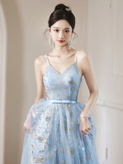 Charming Blue and Gold Spaghetti Strap A-Line Evening Gown with Tulle Skirt - Harmony Gallery