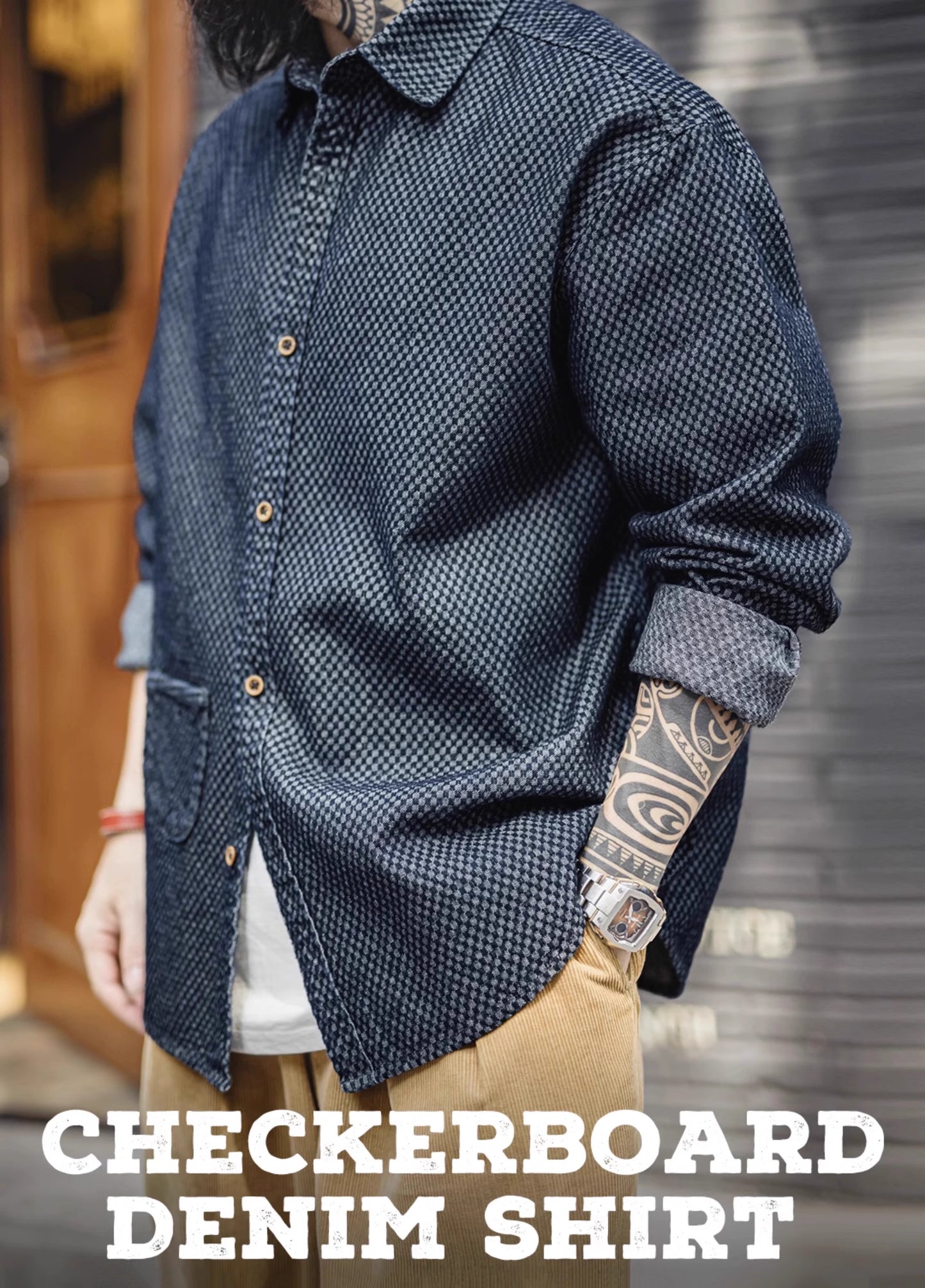 American Retro Checkerboard Plaid Denim Lapel Long-Sleeved Men's Shirt - Harmony Gallery