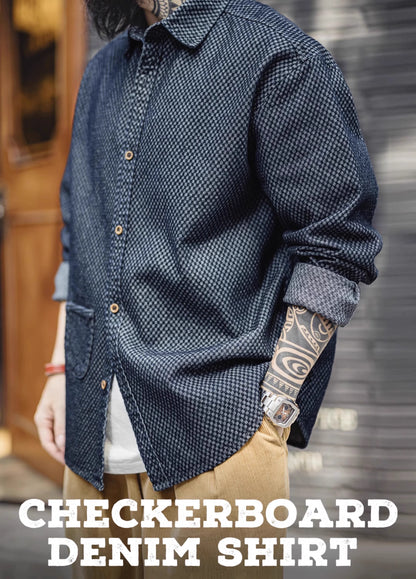 American Retro Checkerboard Plaid Denim Lapel Long-Sleeved Men's Shirt - Harmony Gallery