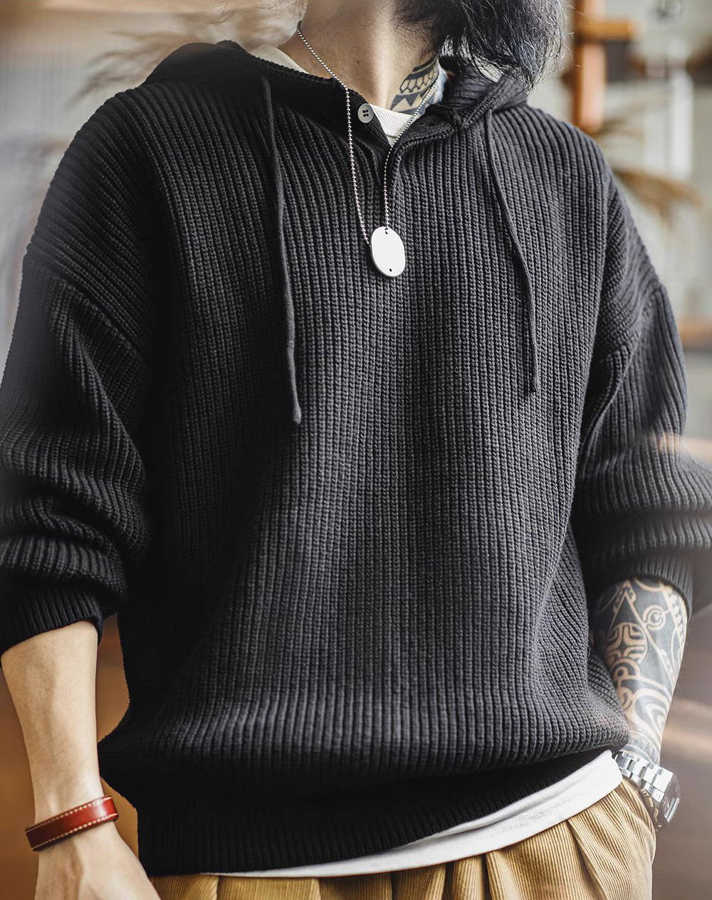American Casual Henry Collar Knitted Hooded Lazy Pullover Men's Sweater - Harmony Gallery