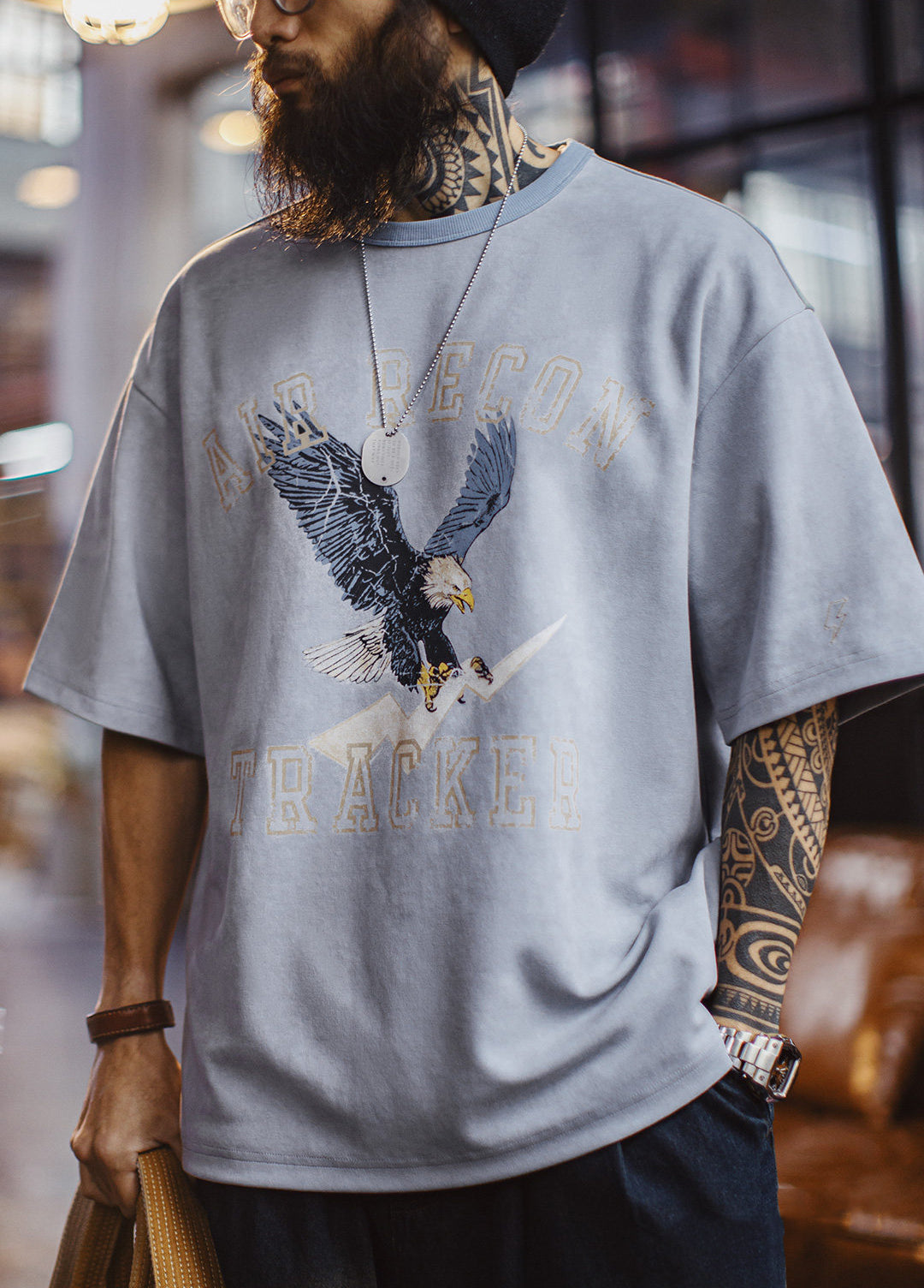 American Retro Print Distressed Batik Blue Drop Shoulder Men's T-Shirt