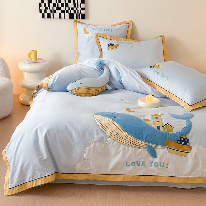 Cute Cartoon Whale For Boy And Girl  Pure Cotton Four-Piece Bed Set - Harmony Gallery