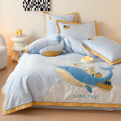 Cute Cartoon Whale For Boy And Girl  Pure Cotton Four-Piece Bed Set - Harmony Gallery