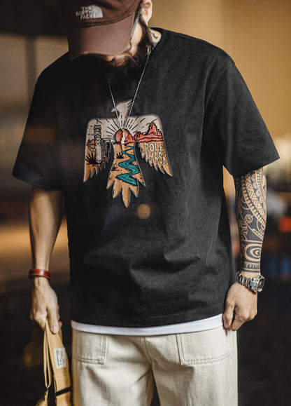 American Retro Thunderbird Cotton Heavy Ethnic Embroidery Print Men's T-Shirt - Harmony Gallery