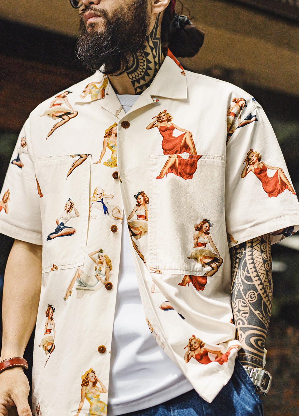 American Retro Full Print Hawaiian Beach Ivory Single Breasted Men's Shirt - Harmony Gallery
