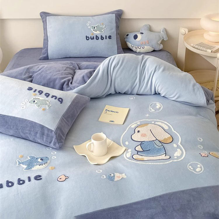 Cute Cartoon Bubble Shark Washed Four-Piece Pure Cotton Bed Set - Harmony Gallery