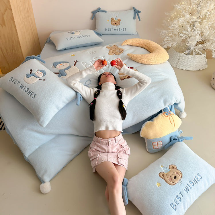 Winter Snowman Bear Thickened Cashmere Four-Piece Warm Milk Velvet Bed Set - Harmony Gallery