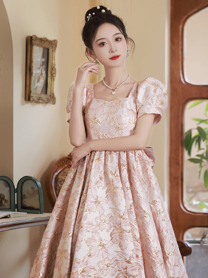 Charming Pink Floral Jacquard Ball Gown with Puff Sleeves - Harmony Gallery