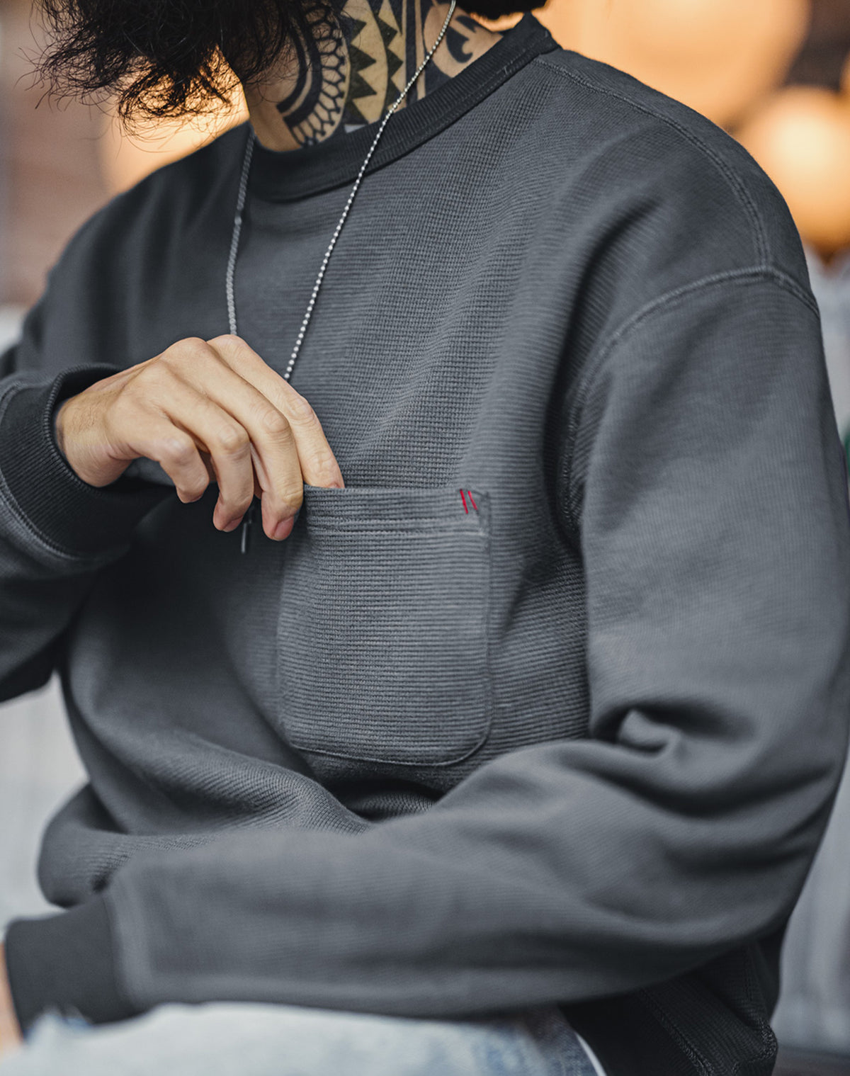American Waffle Knitted Pocket Round Neck Loose Long-Sleeved Men's Sweater - Harmony Gallery