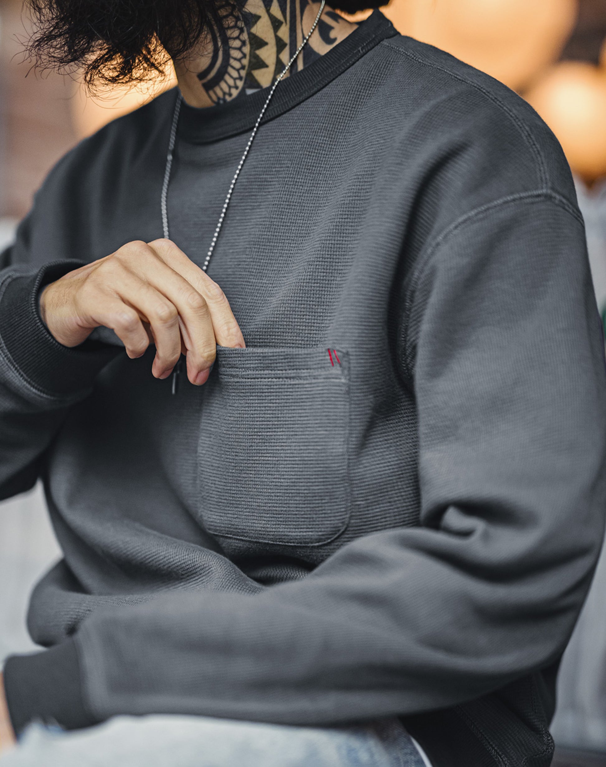 American Waffle Knitted Pocket Round Neck Loose Long-Sleeved Men's Sweater - Harmony Gallery