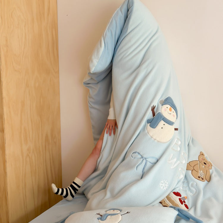 Winter Snowman Bear Thickened Cashmere Four-Piece Warm Milk Velvet Bed Set - Harmony Gallery