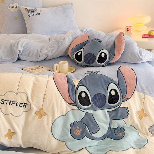 Cartoon Stitch Milk Velvet Winter Heat Storage Four-Piece Bed Set - Harmony Gallery