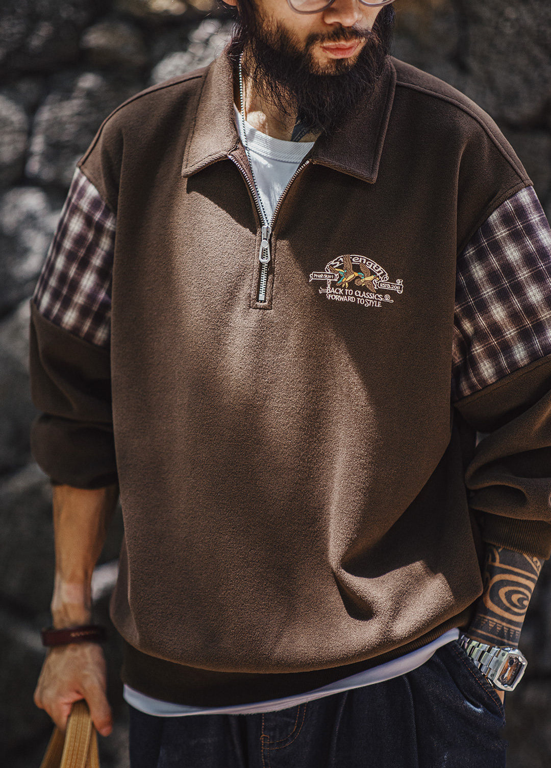 American Patchwork Embroidery Half-Open Zipper Hoodless Men's Sweater - Harmony Gallery