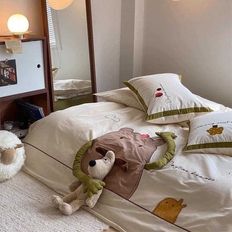 Cartoon Apple Hugging Bear Thickened Brushed Four-Piece Bed Set - Harmony Gallery