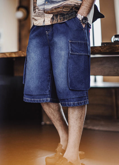 American Retro Washed Blue Embroidered Double Pocket Paratrooper Men's Shorts - Harmony Gallery