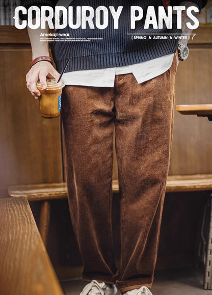 American Retro Heavy Corduroy Double Pleated Drape Cotton Men's Trousers - Harmony Gallery