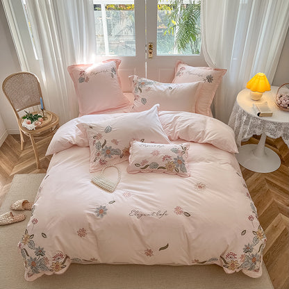 Pure Washed Cotton Floral Embroidery Pastoral Four-Piece Bed Set - Harmony Gallery