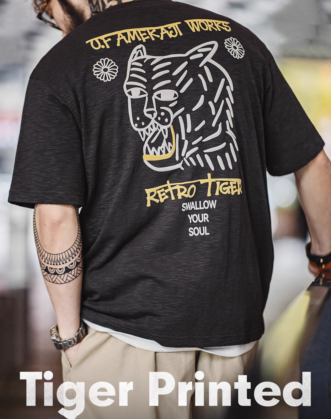 American Casual Tiger Embossed Printing Breathable Men's T-Shirt - Harmony Gallery