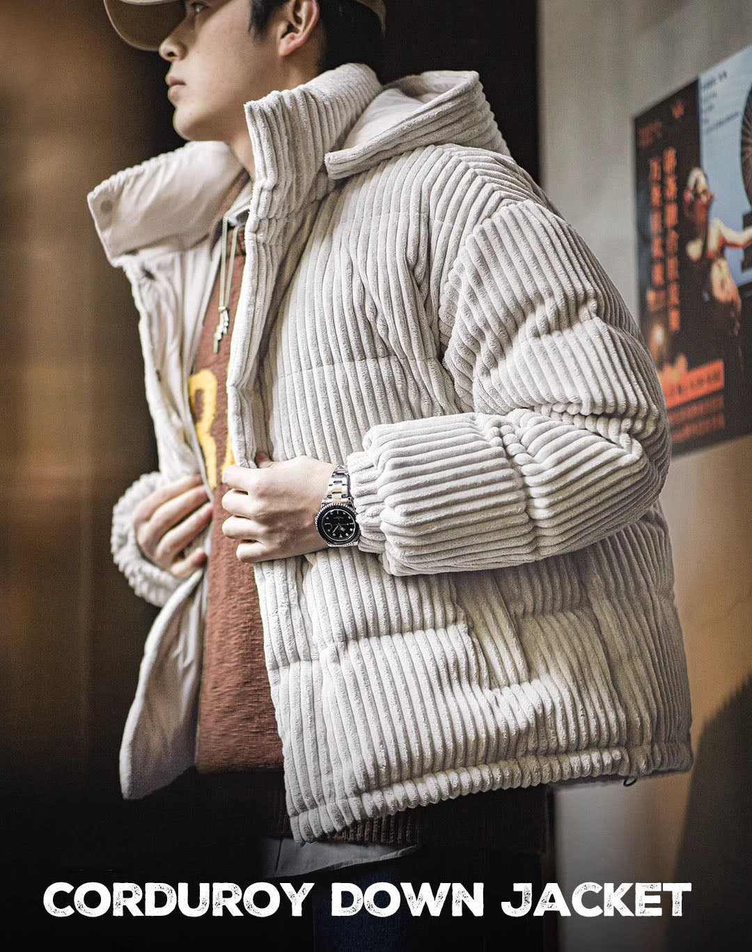American Retro Corduroy Down Hooded Detachable Warm Men's Jacket - Harmony Gallery
