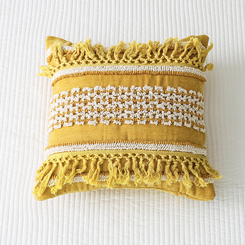 Golden Boho-Chic Tassel Vibrant Textured Decorative Throw Pillows - Harmony Gallery
