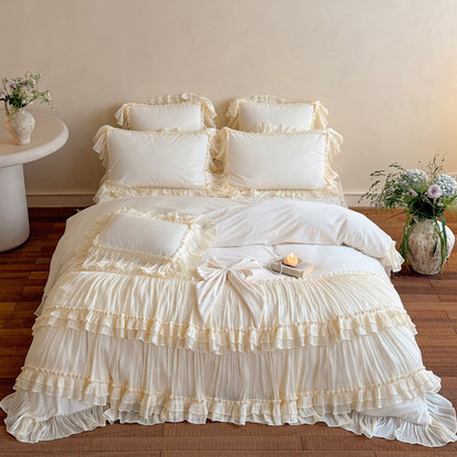 French Princess Thickened Bow Matte Warm Coral Fleece Four-Piece Bed Set - Harmony Gallery