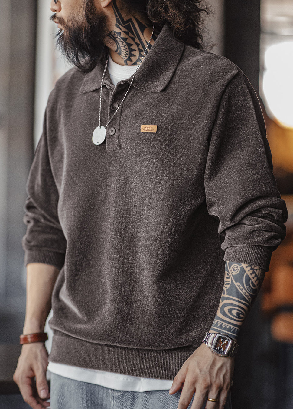 American Retro Chenille Half-Open Polo Loose Lapel Pullover Men's Sweater - Harmony Gallery