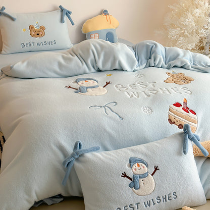Winter Snowman Bear Thickened Cashmere Four-Piece Warm Milk Velvet Bed Set - Harmony Gallery