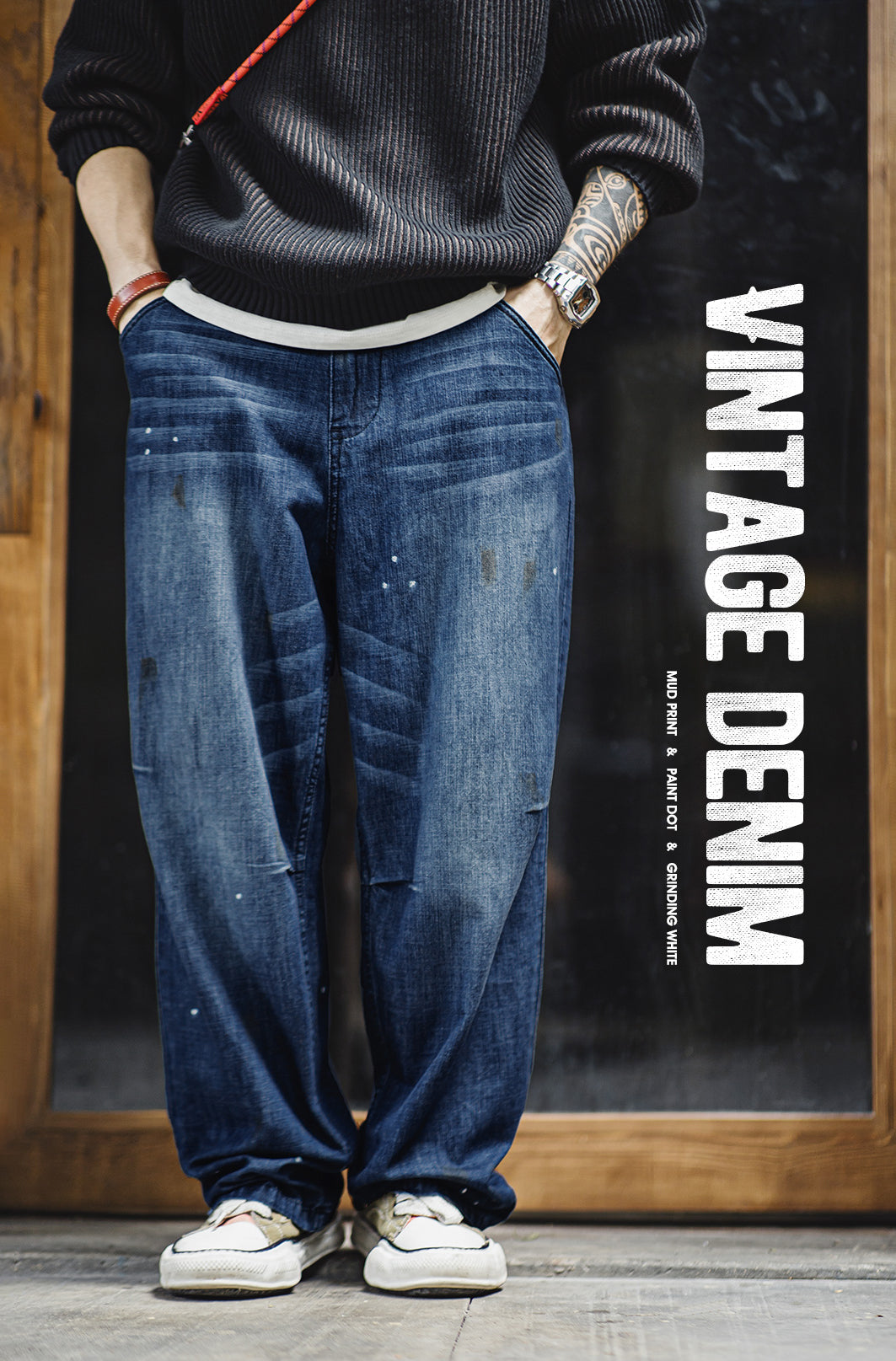American Distressed White Cat Whisker Washed Ink-Splashed Men's Jeans - Harmony Gallery