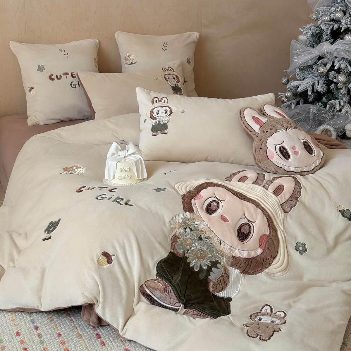 Labubu Monster Cartoon Coral Fleece Warm Double-Sided Thick Four-Piece Bed Set - Harmony Gallery