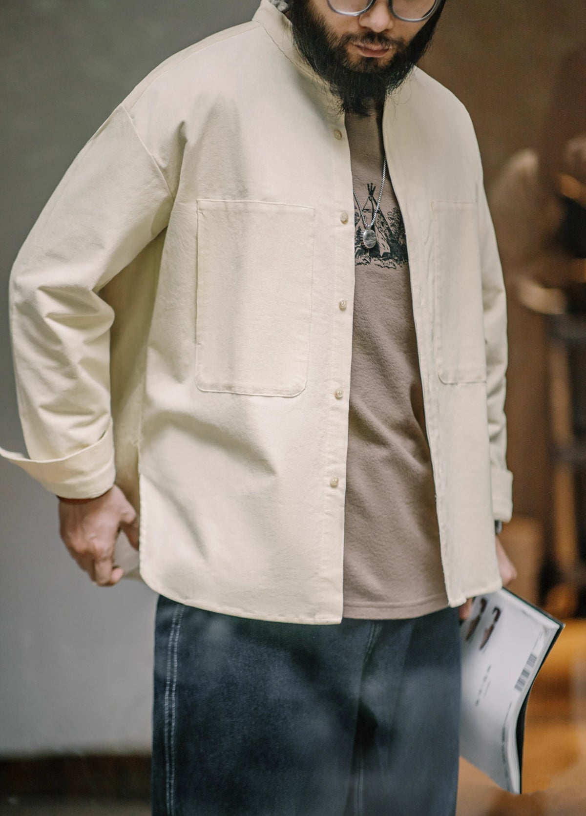 American Retro Workwear Corduroy Collarless Loose Men's Shirt - Harmony Gallery