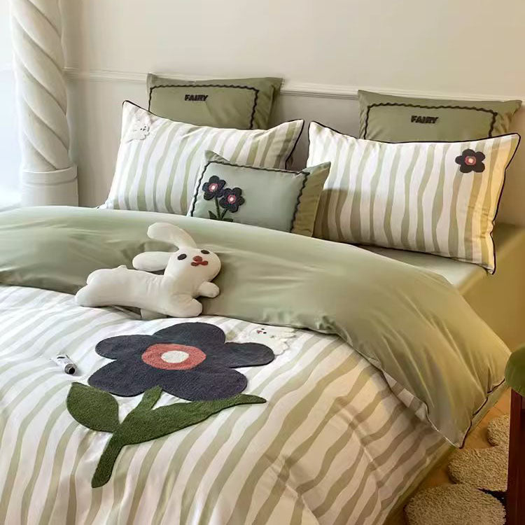Rabbit Striped Sunflower Pure Cotton Four-Piece Bed Set - Harmony Gallery