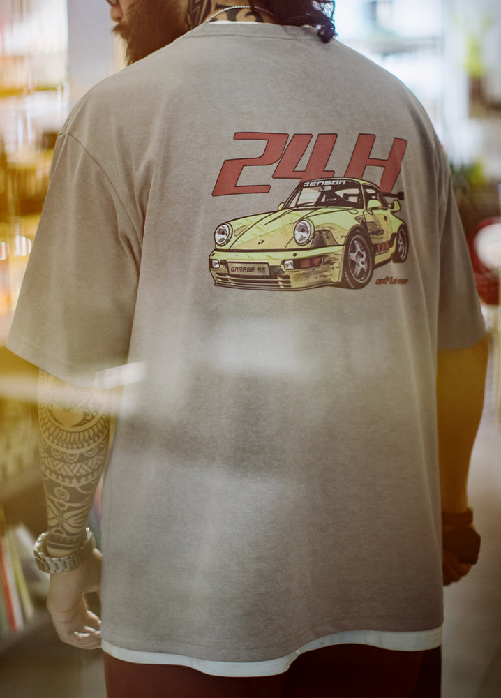 American Retro Motorcycle Back Print Washed Gray Silhouette Men's T-Shirt - Harmony Gallery