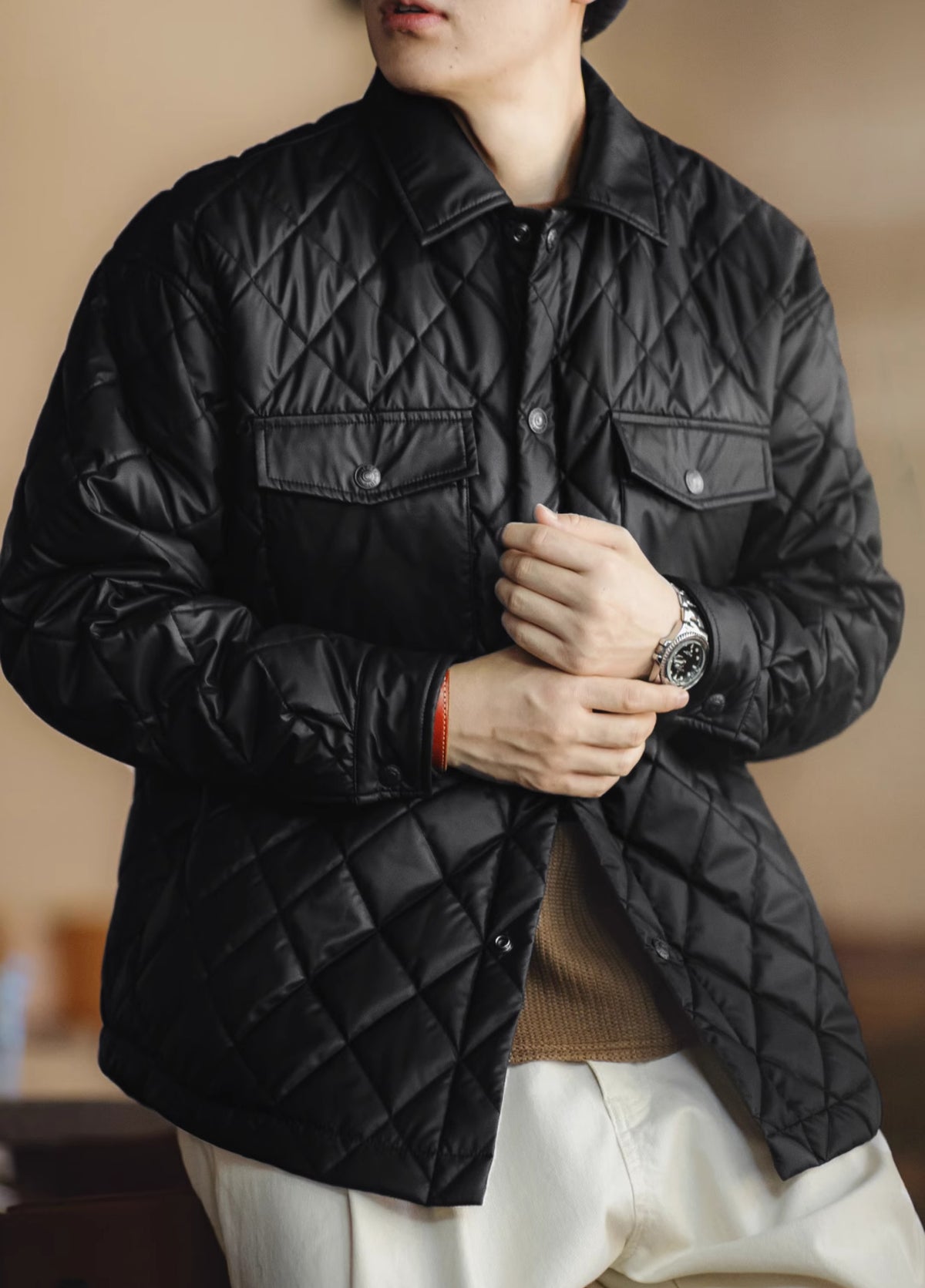 American Retro Quilted Diamond Check Keep Warm No Hood Men's Jacket - Harmony Gallery