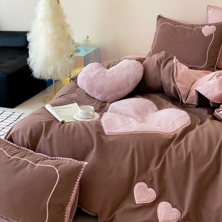 Girls Love Fall And Winter Thickened Brushed Four-piece Pure Cotton Bed Set - Harmony Gallery