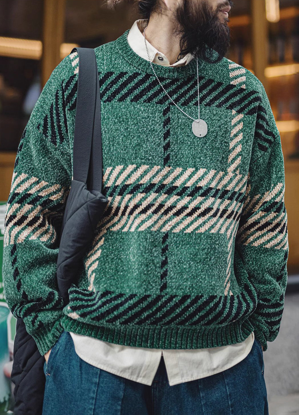 American Retro Chenille Christmas Couple Thick Warm Base Fleece Men's Sweater - Harmony Gallery