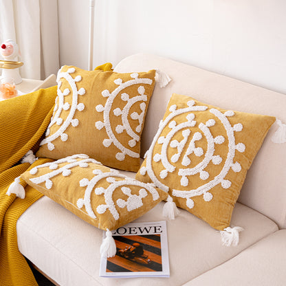 Golden Elegance Tassel Accent White Embroidered Scrollwork Throw Pillows - Harmony Gallery