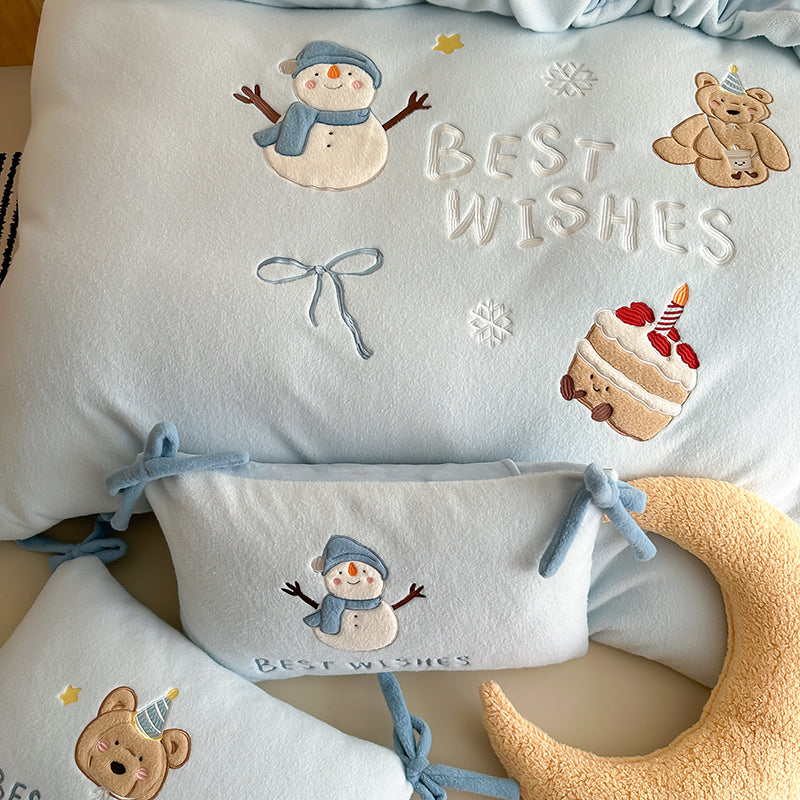 Winter Snowman Bear Thickened Cashmere Four-Piece Warm Milk Velvet Bed Set - Harmony Gallery