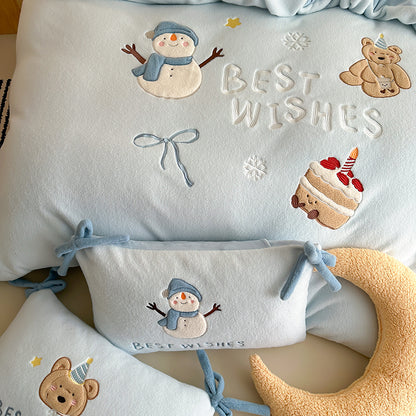 Winter Snowman Bear Thickened Cashmere Four-Piece Warm Milk Velvet Bed Set - Harmony Gallery