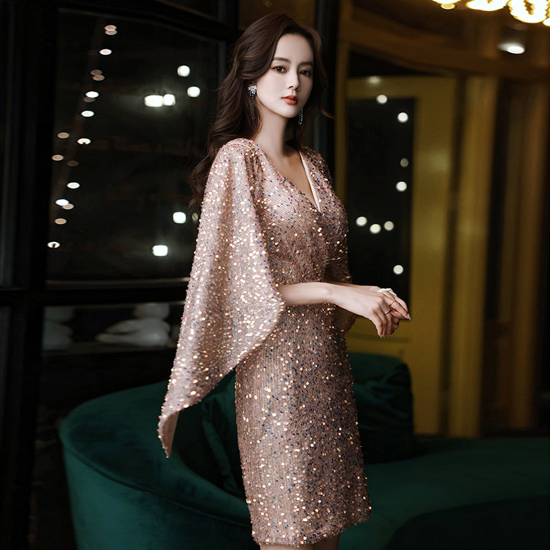 Stunning Rose Gold Sequin Mini Dress with Dramatic Cape Sleeves - Harmony Gallery