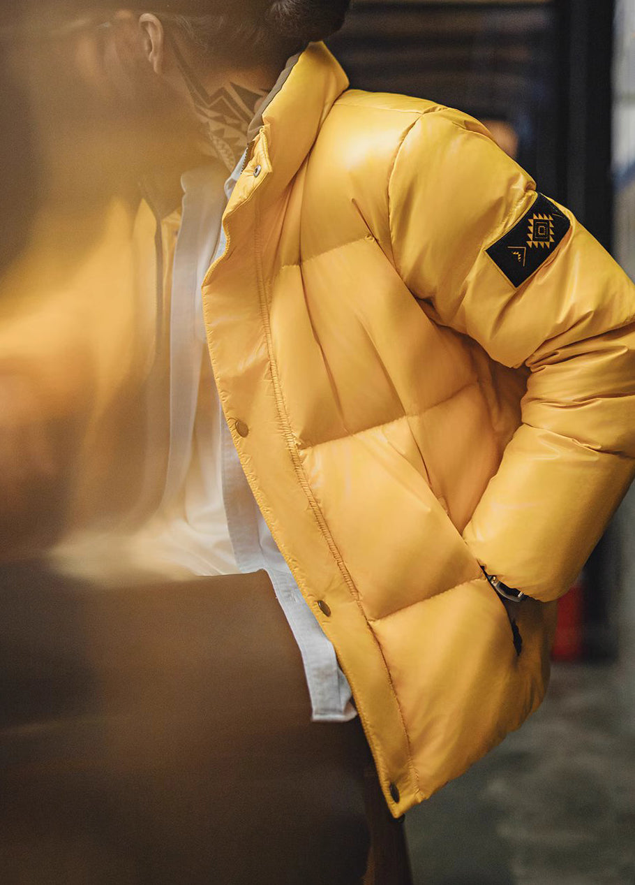 American Retro 90 White Duck Down Yellow Warm Stand Collar Men's Jacket - Harmony Gallery