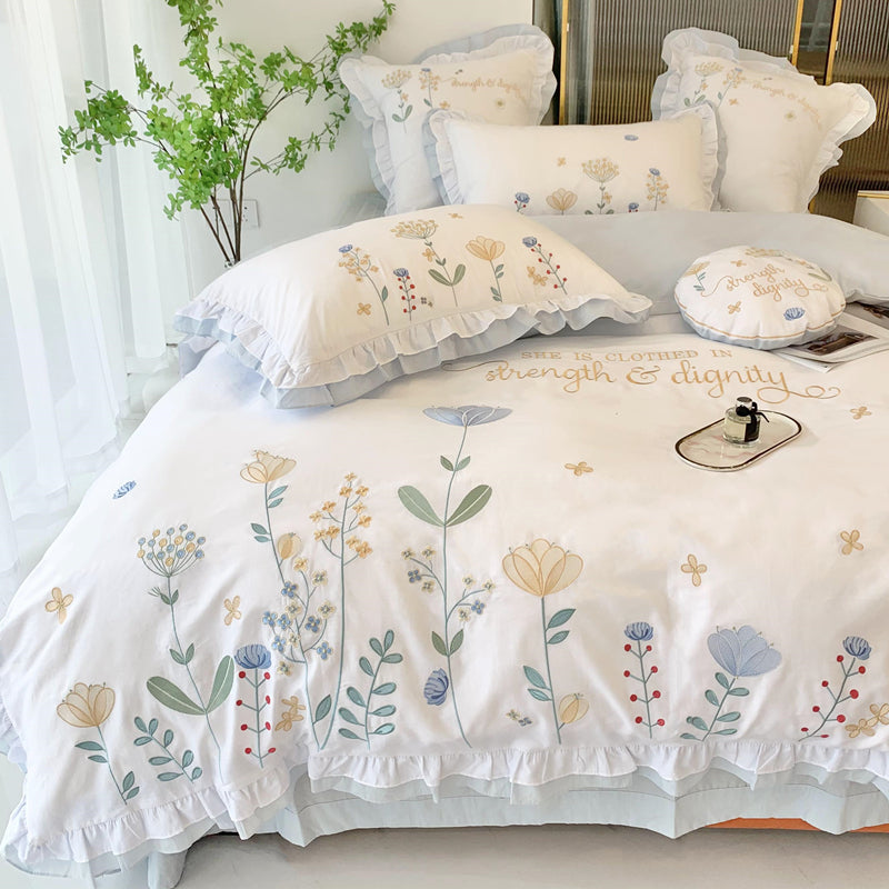 Fairy Lace Washed Cotton Four-Piece-Flower Embroidery Bed Set - Harmony Gallery