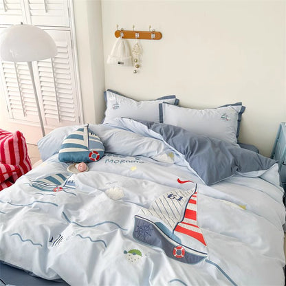 Cartoon Sailing Ship Washed Four-Piece Boys Pure Cotton Bed Set - Harmony Gallery