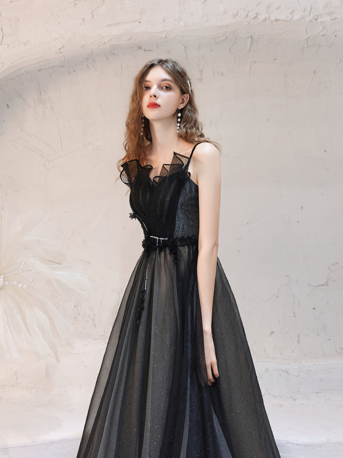 Elegant Black Sparkling Tulle Ball Gown with Ruffled Bodice - Harmony Gallery
