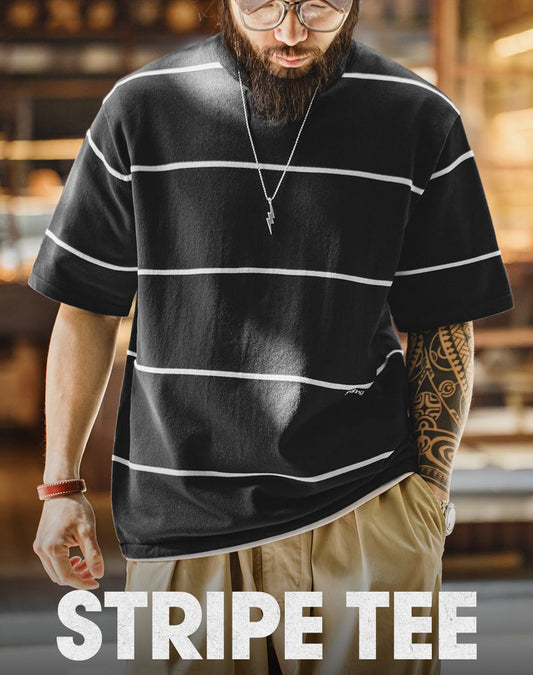 American Casual City Boy Black And White Contrast Striped Half-Sleeve Men's T-Shirt - Harmony Gallery