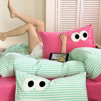 Big Eyes Contrasting Color Washed Four-Piece Pure Cotton Bed Set - Harmony Gallery